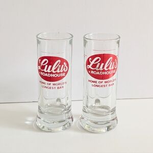 Vintage Lulu's Red Logo Shot Shooter Glasses Set Of 2 Nostalgic Collectible